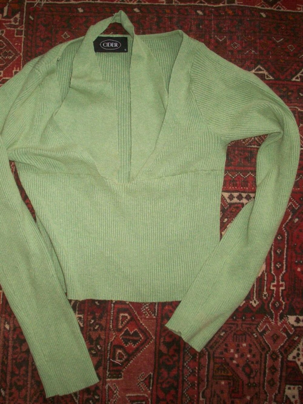 Green Ribbed Long Sleeve Crop Halter Top Women's Small Ribbed  V Neck Sweater